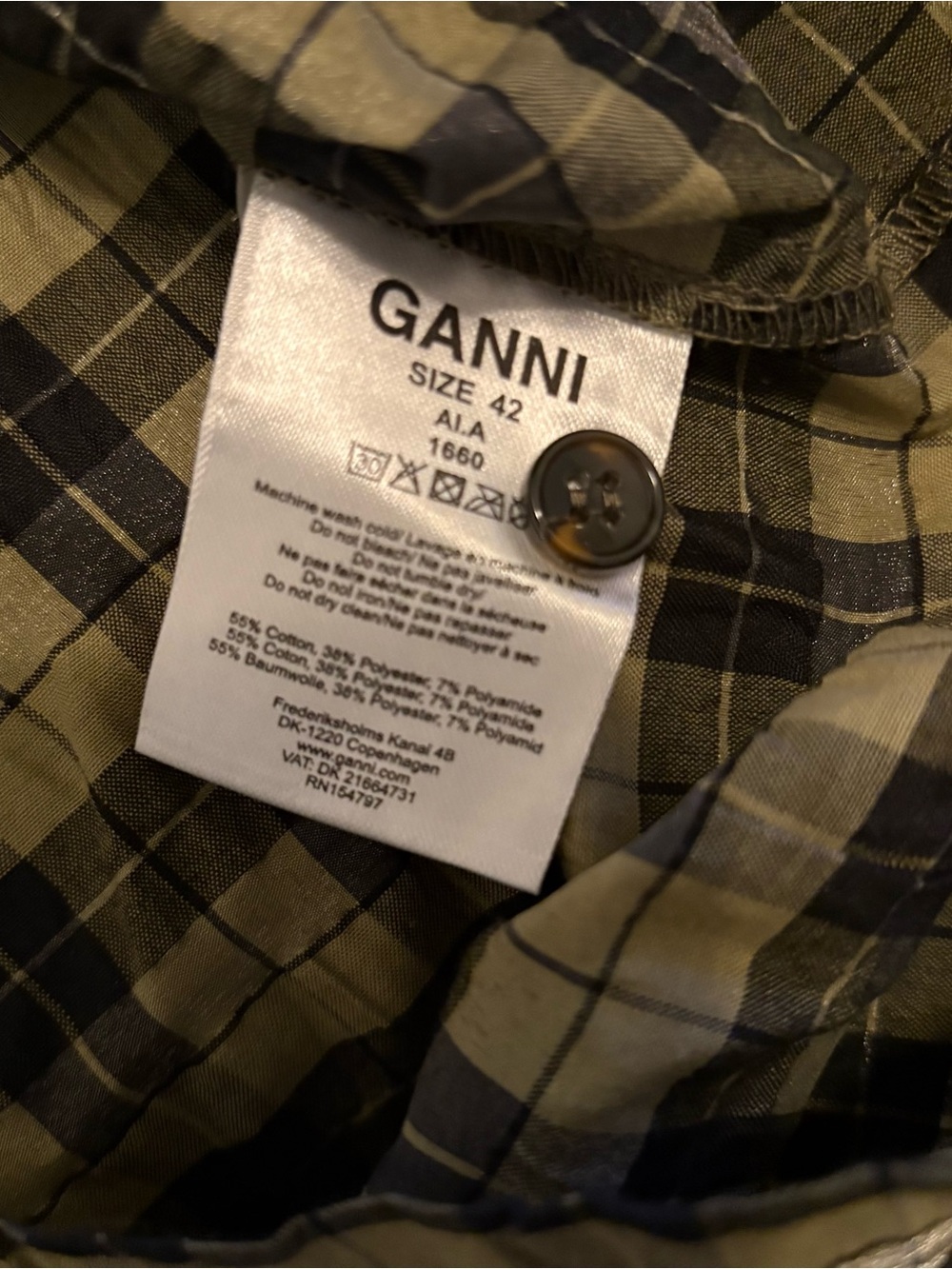 Ganni Olive Green and Black Plaid High-Neck Dress - Picture 3 of 6